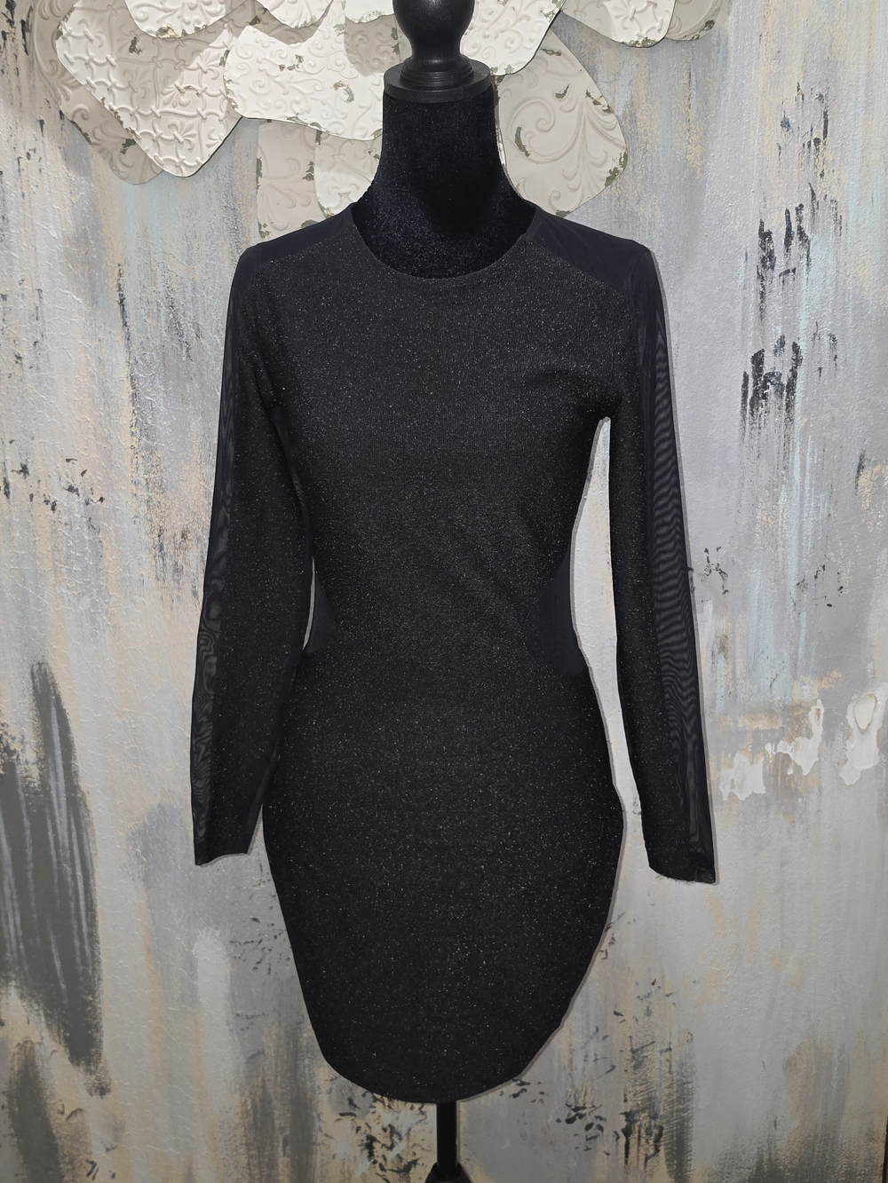 Express Black Sparkle Mini Dress with Sheer Side Cutout, Sheer Back & Sleeves 4